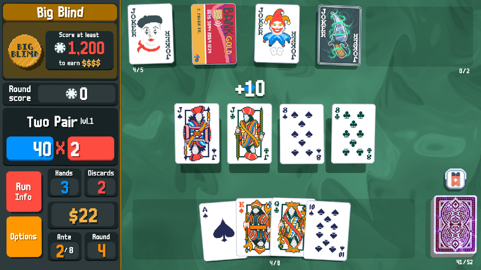 Gameplay screen showing a Two Pair hand in Balatro with active Joker cards and score multipliers, showcasing strategic deck-building action with available with Balatro Steam key.