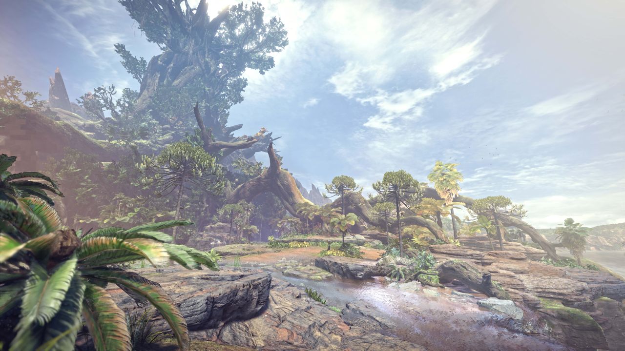 Lush, open environment from Monster Hunter World showing a vibrant jungle biome - part of the living world of monsters unlocked with the Monster Hunter World Steam key, where every hunter explores dynamic ecosystems and untamed terrain.